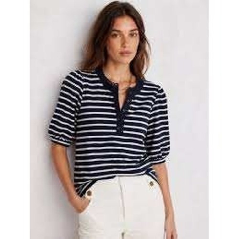 NWT Boden Striped Henley Lace Trim Puff Sleeve Top‎ Sz M Nautical Preppy Coastal